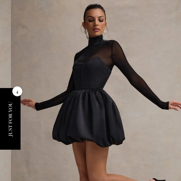 Black Satin High-Neck Mini Dress with Sheer Sleeves - Picture 2 of 4